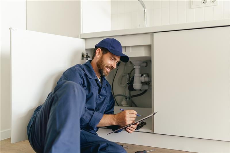 Residential plumber reviewing plumbing repairs in a Aurora kitchen