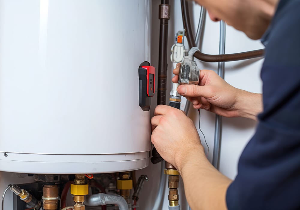 Technician repairing pipes connected to a water heater in Aurora